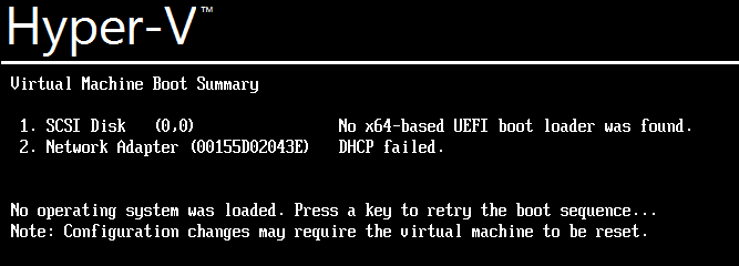 Hyper-V error message due to missing UEFI sector